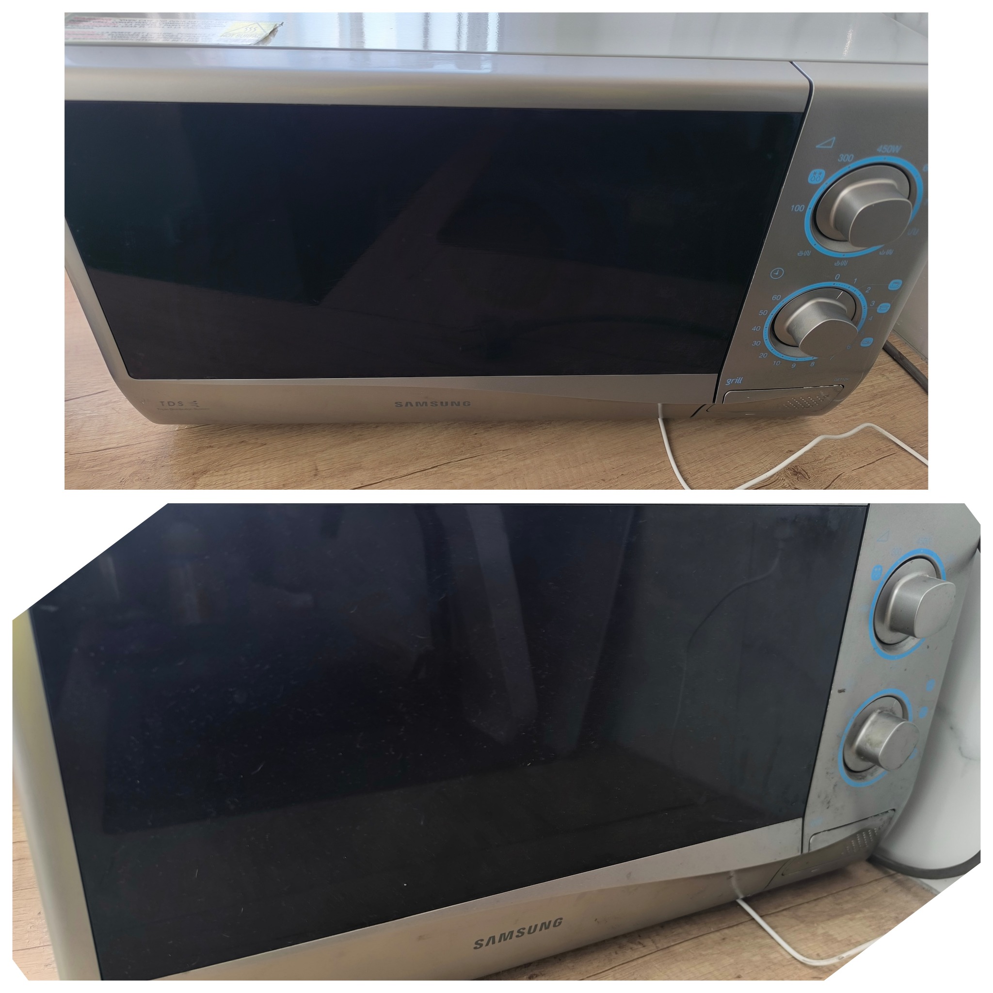 Dwie perspektywy na brudną, srebrną mikrofalówkę Samsung na drewnianym blacie z widocznymi pokrętłami i kablem zasilającym.