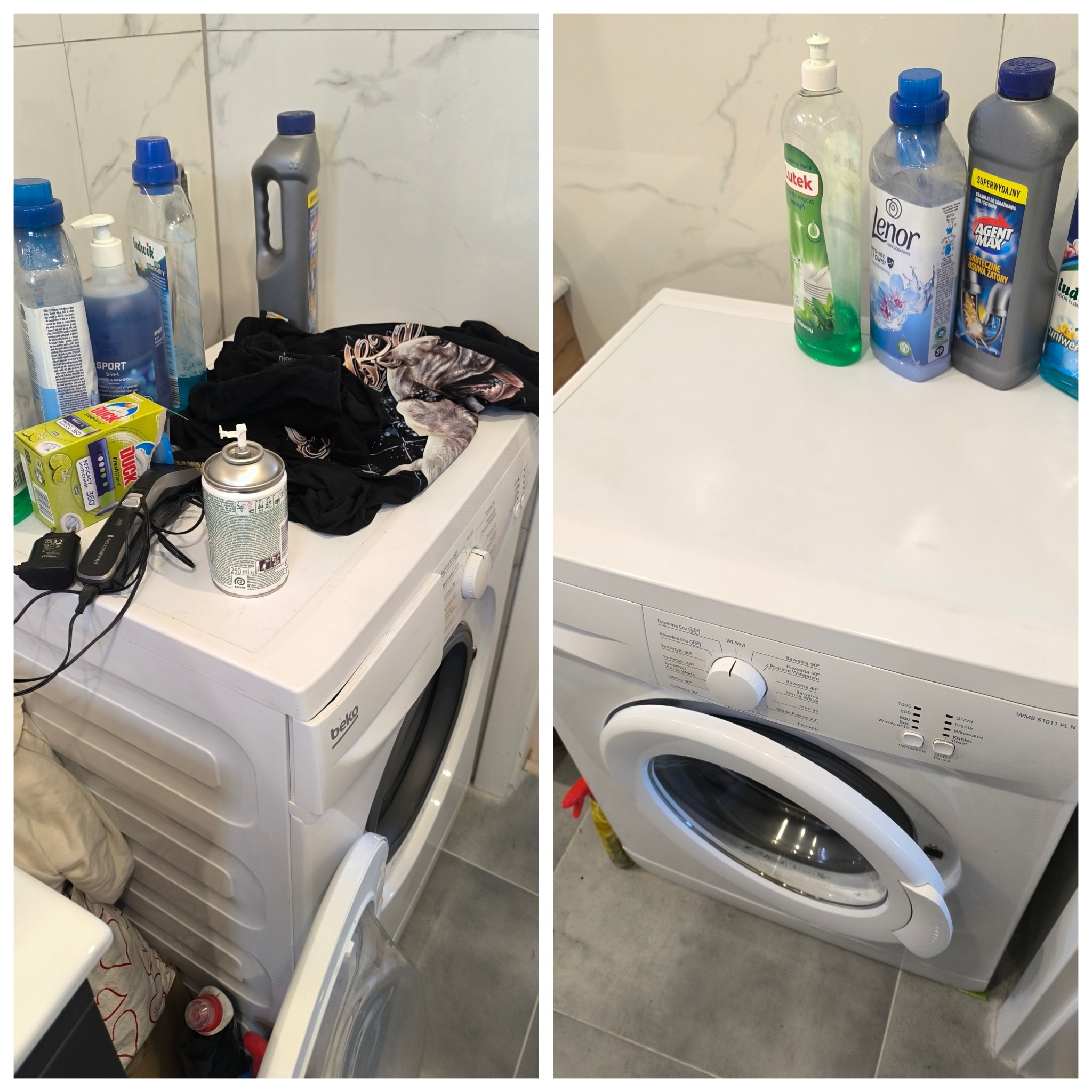 Pralka Beko z otwartymi drzwiczkami, na której leżą środki czyszczące, kosmetyki i ubrania, w tle białe płytki imitujące marmur.