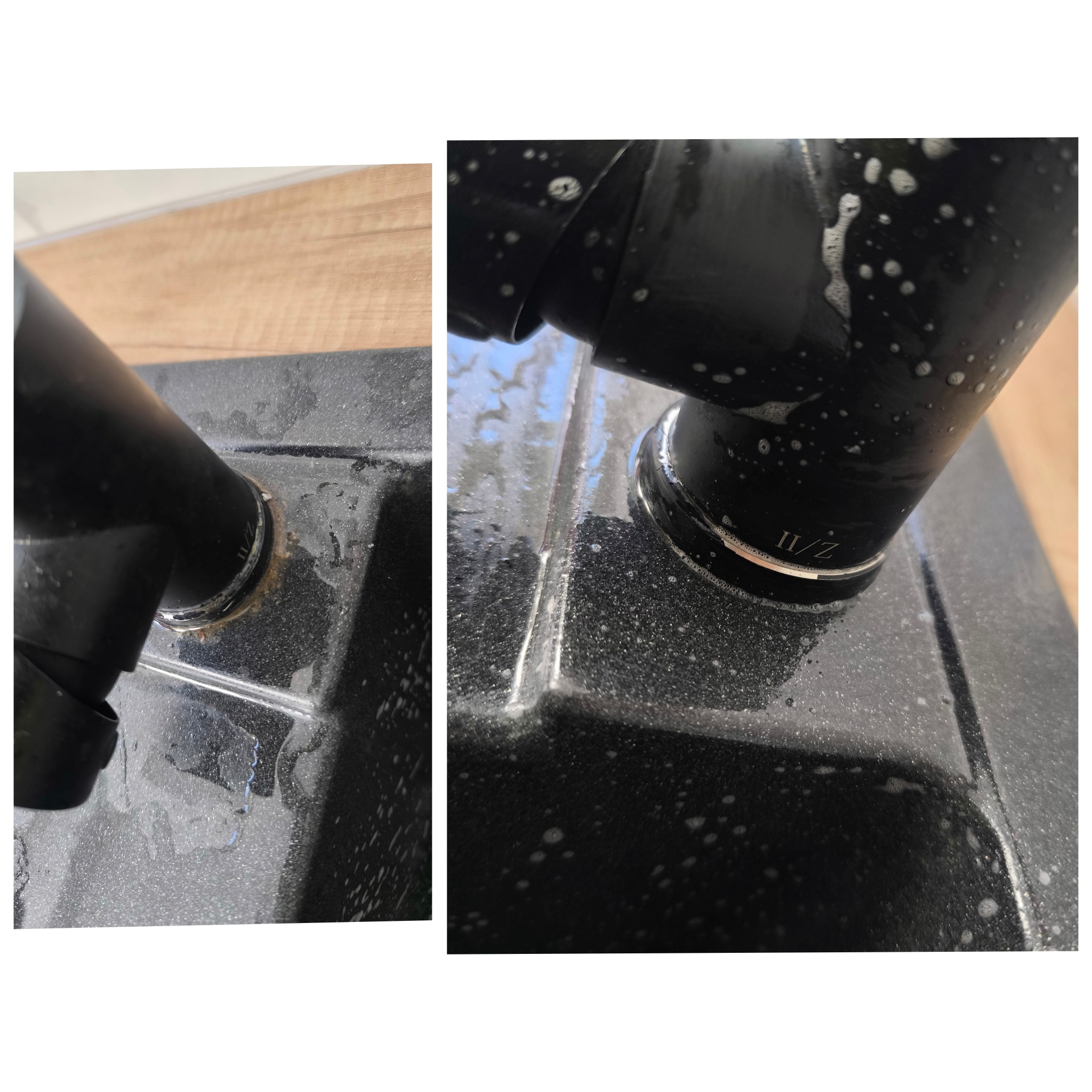 Czyszczenie czarnego, granitowego zlewu z armaturą, widoczne krople wody i delikatna piana po umyciu, zarys blatu w tle.