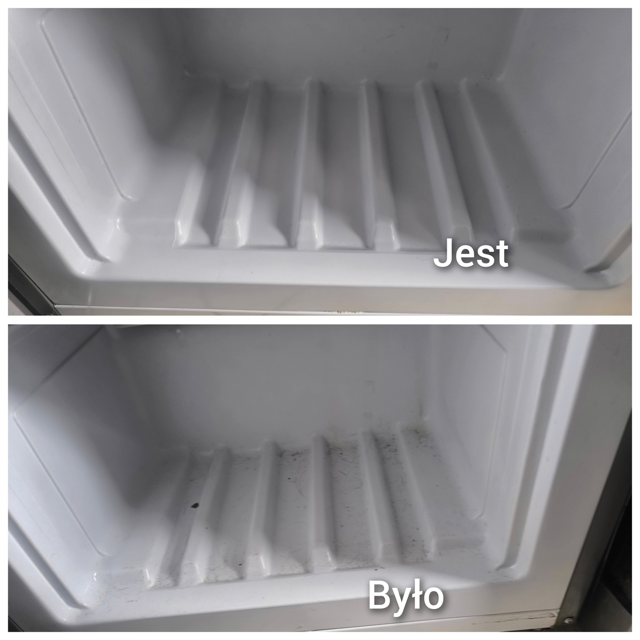 Dwa ujęcia wnętrza lodówki: górne pokazuje czystą półkę po umyciu, z napisem 'Jest', dolne ukazuje brudną półkę przed czyszczeniem, z napisem 'Było'.