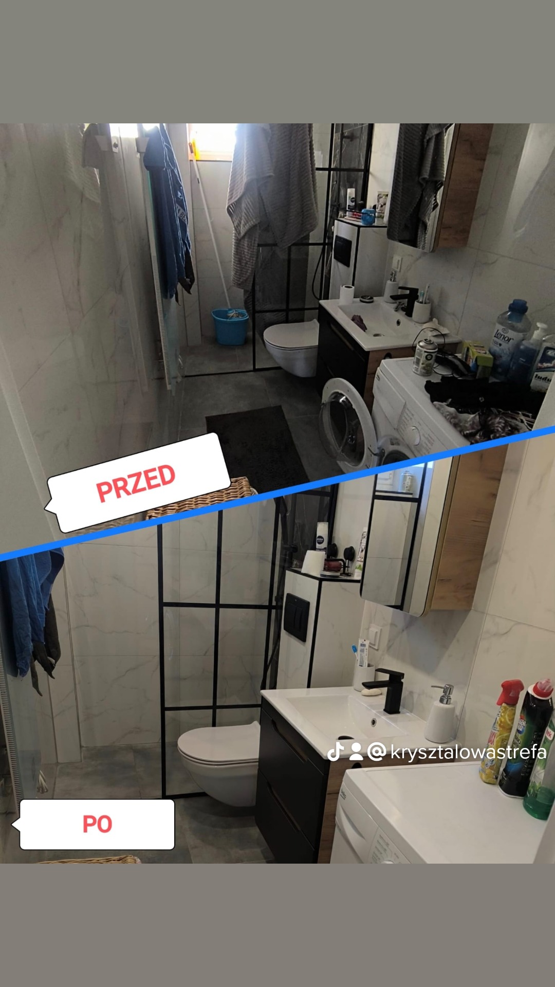 Zdjęcie łazienki podzielone na dwie części: u góry widok 'przed' z nieporządkiem, praniem w pralce i różnymi przedmiotami na umywalce, u dołu widok 'po' z czystą umywalką, posprzątaną pralką...