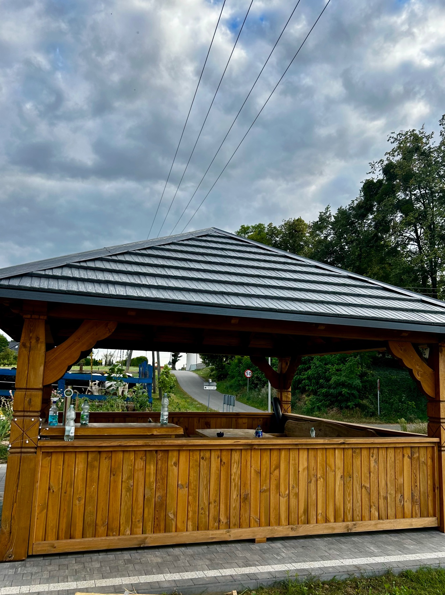 Zadaszona, drewniana altana z ciemnoszarym dachem z blachodachówki, widoczna z zewnątrz. W tle droga i zieleń. Pochmurne niebo nad konstrukcją.