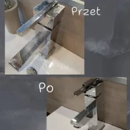 Porównanie stanu baterii umywalkowej przed i po czyszczeniu. Bateria ze śladami użytkowania i po polerowaniu, błyszcząca, na tle jasnej umywalki i beżowych płytek.