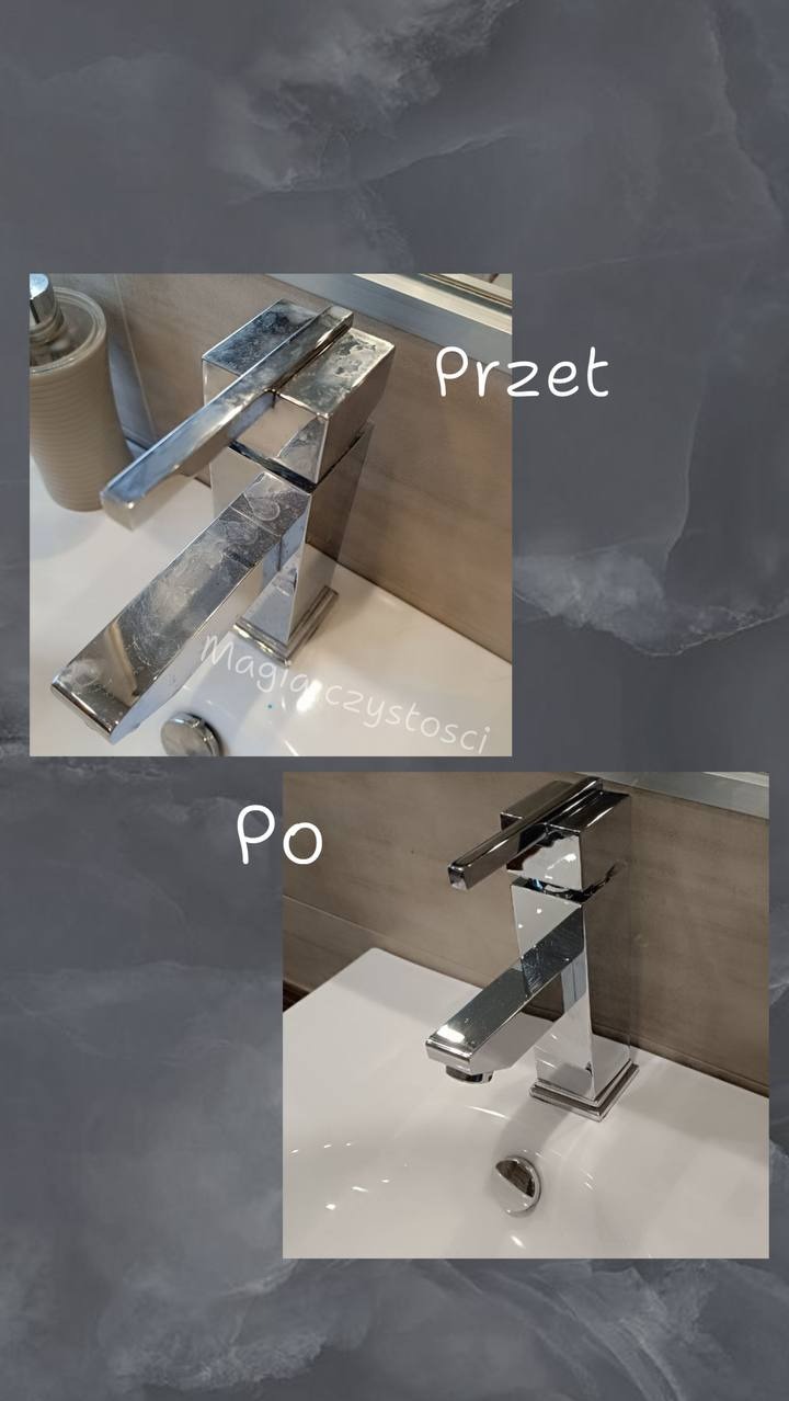 Porównanie stanu baterii umywalkowej przed i po czyszczeniu. Bateria ze śladami użytkowania i po polerowaniu, błyszcząca, na tle jasnej umywalki i beżowych płytek.