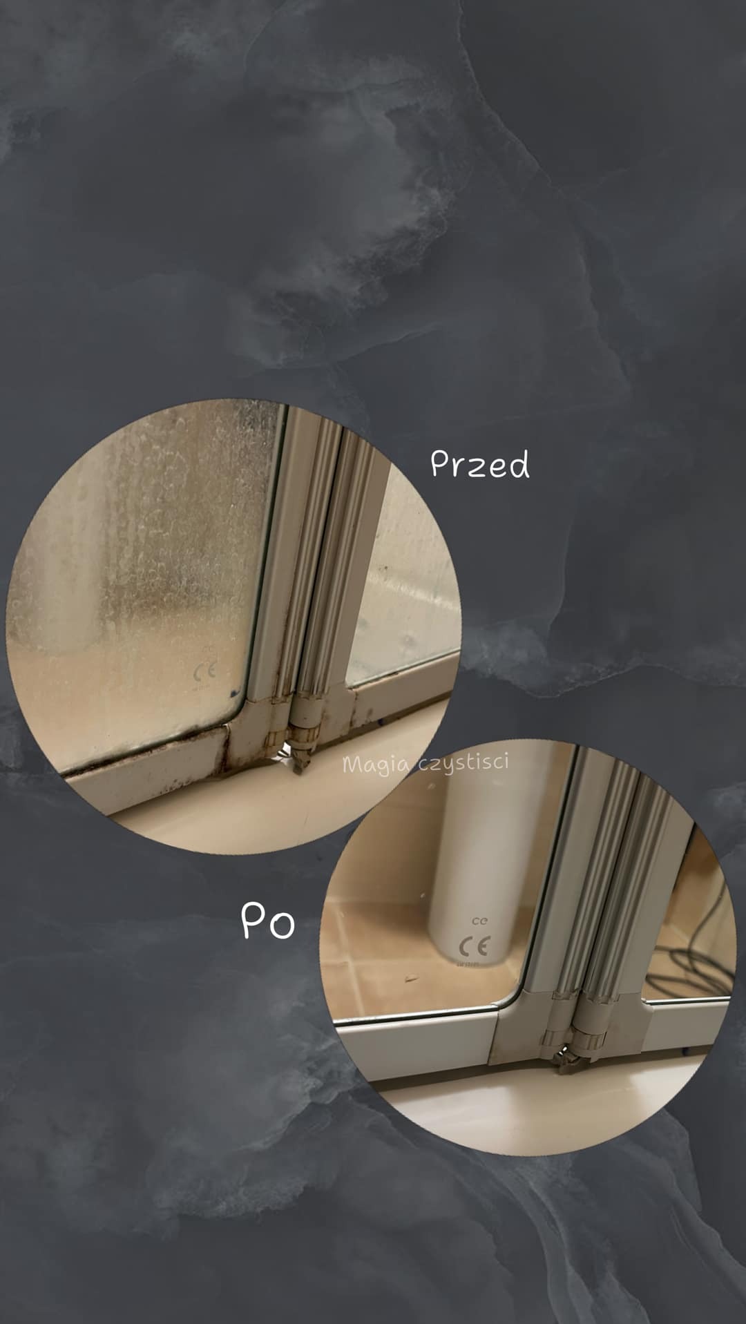 Kabina prysznicowa: porównanie stanu przed (zabrudzenia, osad) i po czyszczeniu (czysta, błyszcząca). Ujęcie z bliska, widoczne detale armatury.