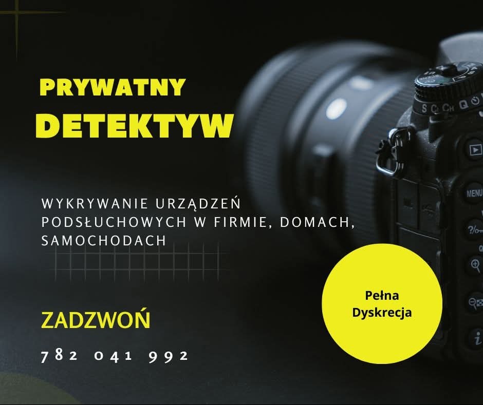 Reklama usług detektywistycznych: zbliżenie na aparat fotograficzny z napisem 'Prywatny Detektyw', informacją o wykrywaniu urządzeń podsłuchowych oraz zapewnieniem o pełnej dyskrecji.
