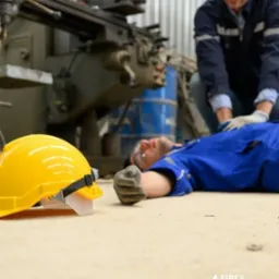 Mężczyzna w białym kasku udziela pierwszej pomocy poszkodowanemu leżącemu na podłodze hali produkcyjnej, obok leży żółty kask, w tle maszyna przemysłowa.