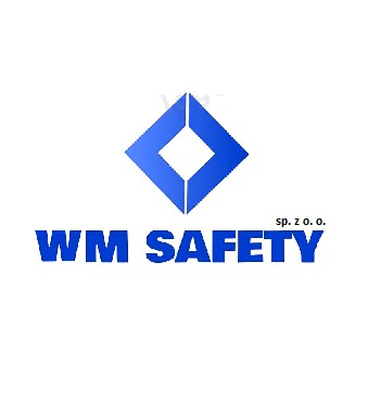 Logo firmy WM SAFETY sp. z o.o. z niebieskim rombem w górnej części i niebieskim napisem nazwy poniżej, na białym tle.
