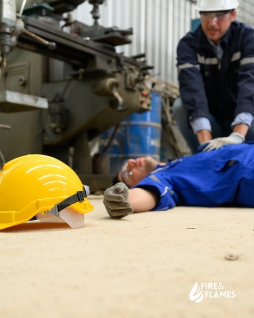 Mężczyzna w białym kasku udziela pierwszej pomocy poszkodowanemu leżącemu na podłodze hali produkcyjnej, obok leży żółty kask, w tle maszyna przemysłowa.