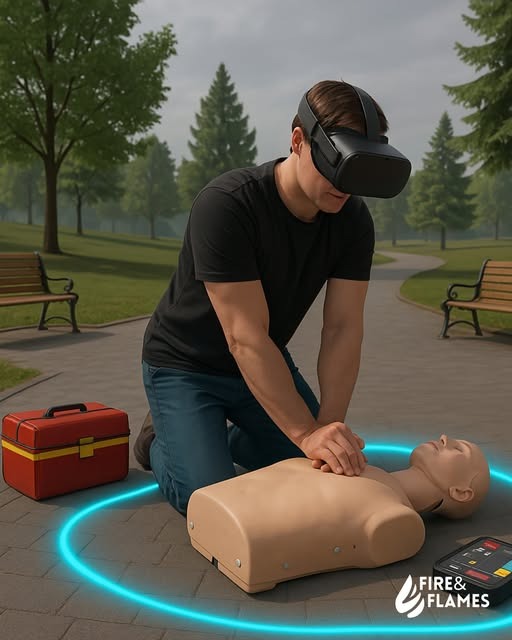 Mężczyzna w parku, klęczący nad manekinem do resuscytacji, używa gogli VR podczas treningu pierwszej pomocy; czerwona apteczka i urządzenie monitorujące obok.