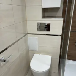 Kompaktowa toaleta podwieszana z chromowanym przyciskiem spłukującym, ukryta szafka nad nią, beżowe płytki z metalowymi listwami dekoracyjnymi, widoczny fragment kabiny prysznicowej z brązowymi...