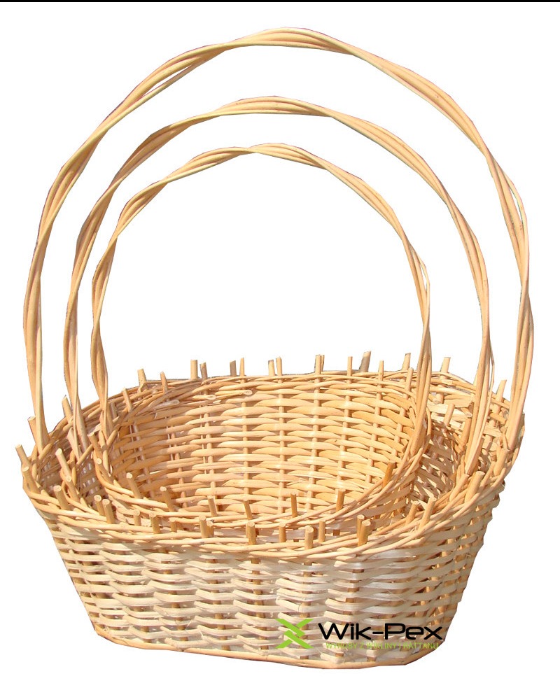Zestaw trzech wiklinowych koszy o owalnym kształcie, ułożonych jeden w drugim, z widocznym logo producenta Wik-Pex w dolnym rogu.