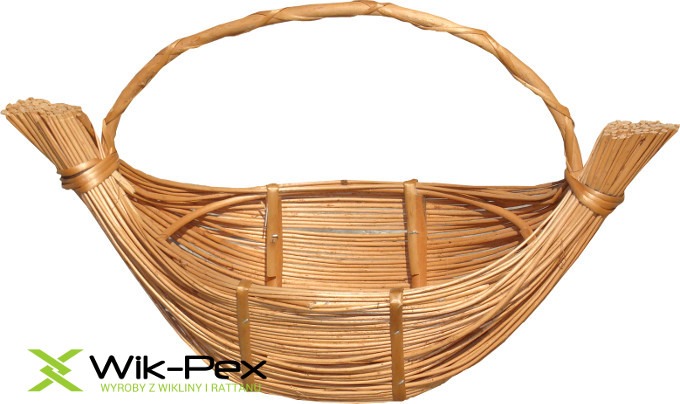 Ręcznie pleciony koszyk z wikliny z uchwytem, widoczne logo producenta Wik-Pex u dołu.