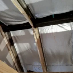 Skośny dach z drewnianą konstrukcją i folią paroizolacyjną, widok z dołu. Elementy drewniane surowe, nieobrobione. Detal montażu izolacji.