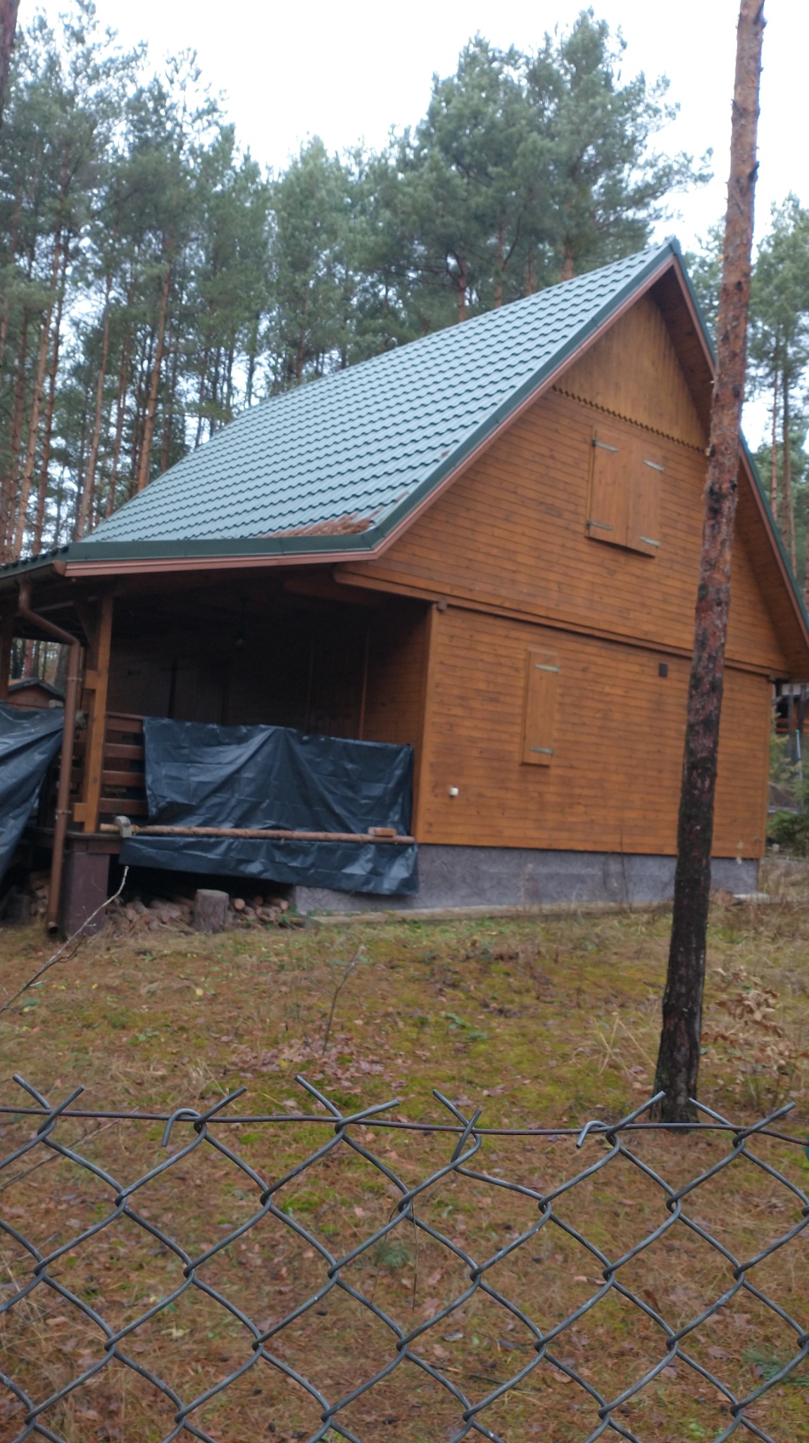 Dwukondygnacyjny, drewniany dom z zielonym dachem z blachodachówki, widoczny przez siatkę ogrodzeniową, z zadaszonym tarasem częściowo zasłoniętym czarną plandeką i stosem drewna pod spodem.
