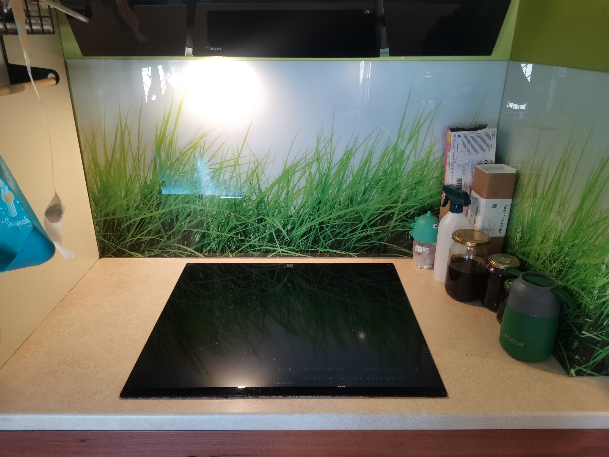 Kuchnia we Wrocławiu z płytą indukcyjną Electrolux na beżowym blacie, zielony panel ścienny z motywem trawy, oraz akcesoria kuchenne, w tym butelki i słoiki.