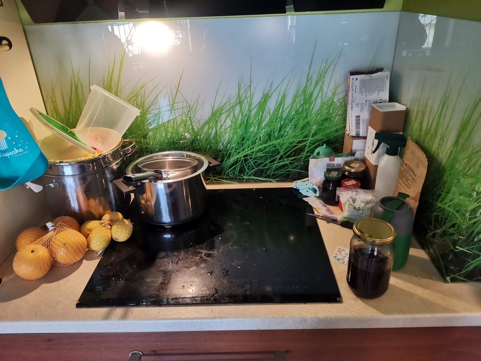 Brudna płyta indukcyjna z garnkami, owocami w siatce i słoikami na blacie w kuchni z panelem dekoracyjnym imitującym trawę.