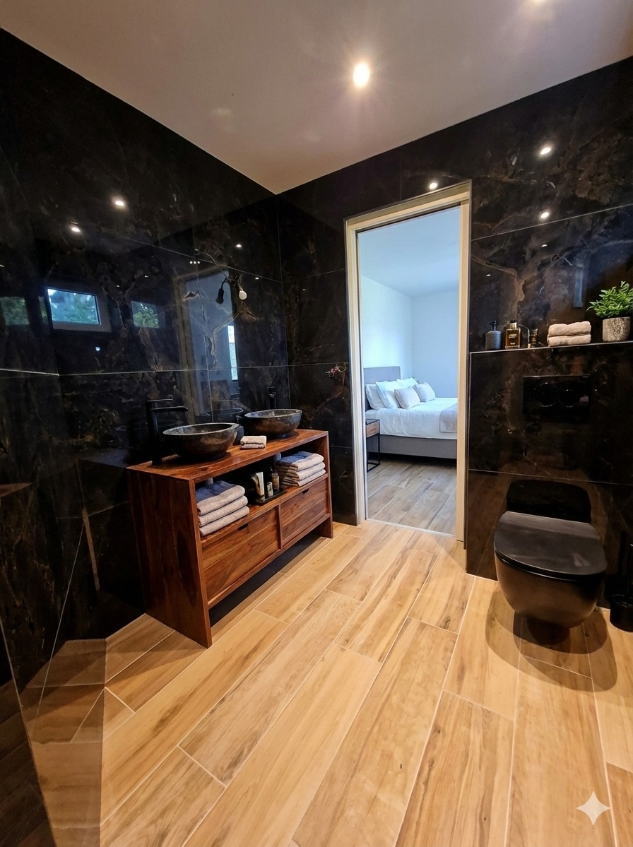 Elegancka łazienka z czarnymi marmurowymi ścianami, drewnianą szafką z umywalkami i podłogą z płytek imitujących drewno. W tle widok na sypialnię.