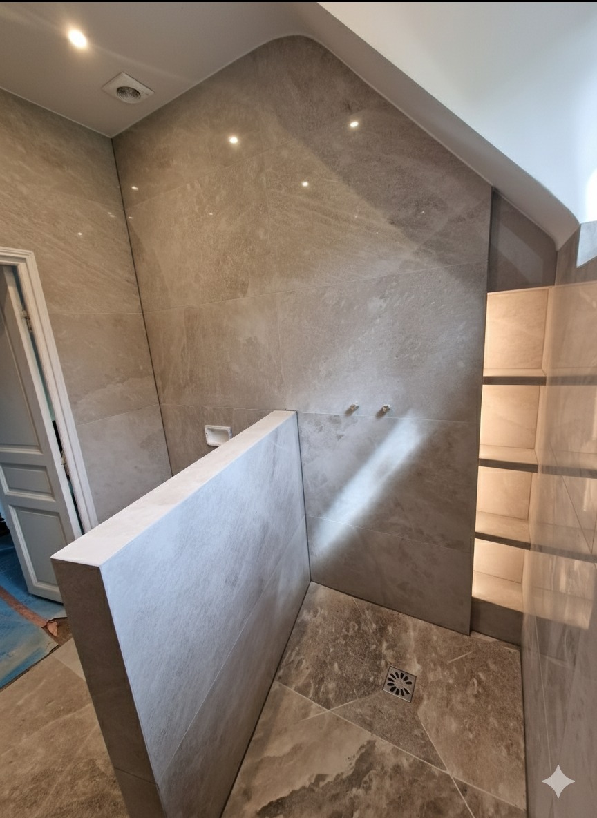 Wykończona łazienka z beżowymi płytkami imitującymi marmur, kabina typu walk-in z odpływem liniowym i półkami w ścianie. Widoczny fragment drzwi.