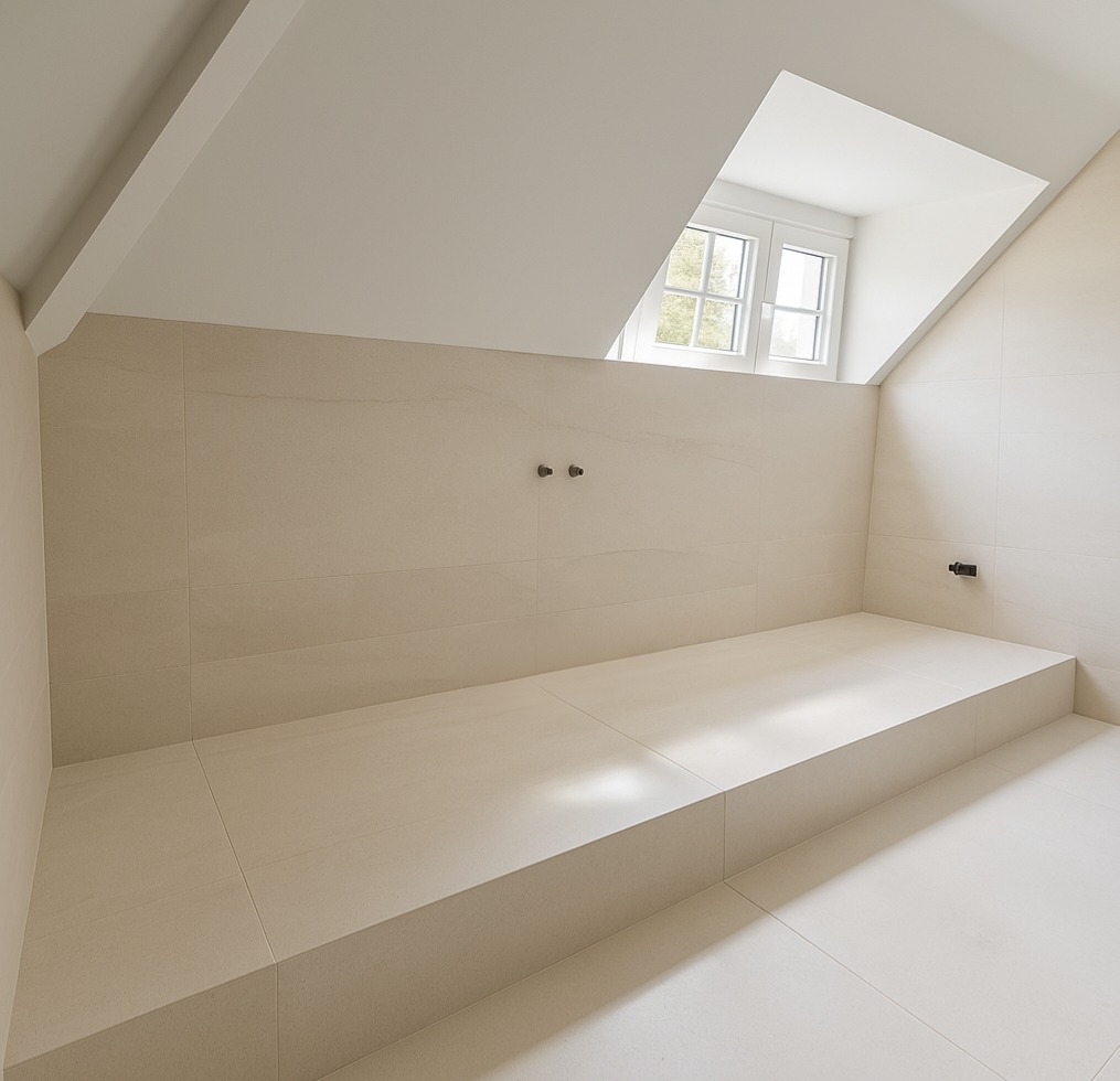 Jasna łazienka na poddaszu z beżowymi płytkami, widoczne dwa punkty mocowania baterii i okno dachowe. Minimalistyczny design, czyste linie i neutralna kolorystyka.