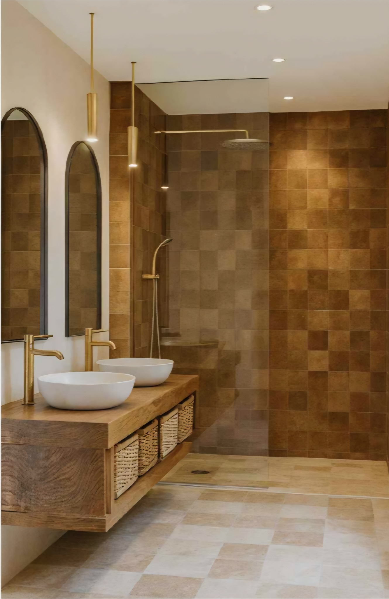 Nowoczesna łazienka z drewnianą szafką pod umywalki, złotą armaturą i kabiną prysznicową wyłożoną brązowymi płytkami. Dwa owalne lustra i wiszące lampy.