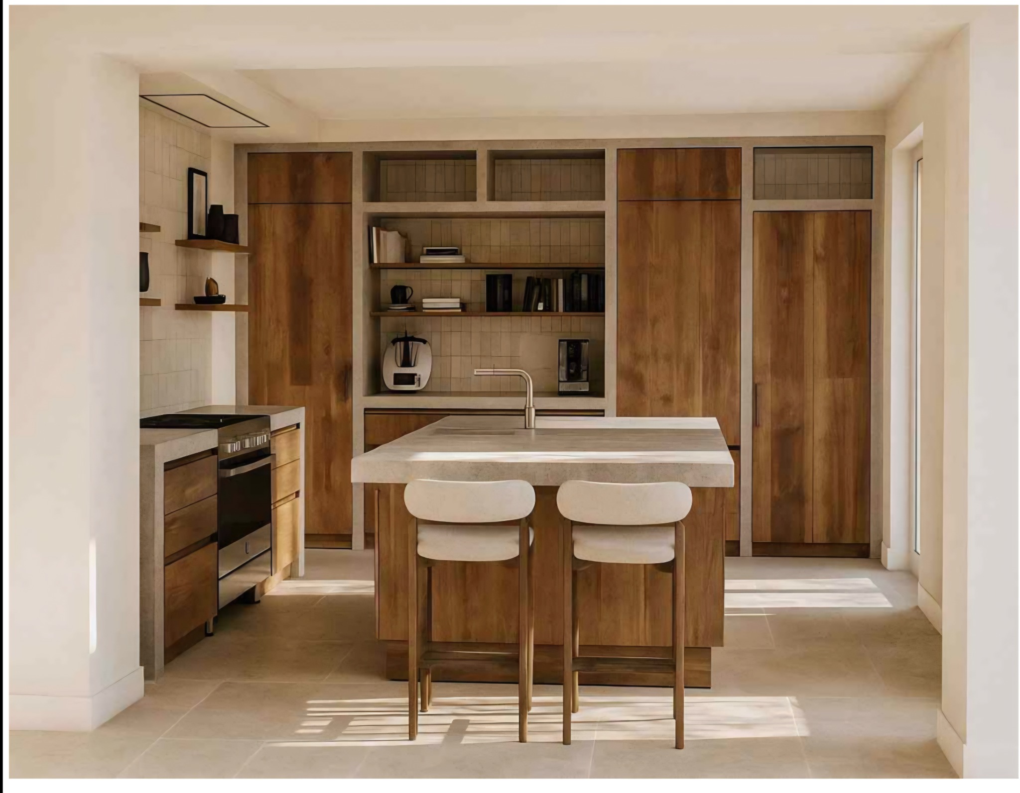 Jasna kuchnia z drewnianymi szafkami, wyspą z kamiennym blatem i dwoma krzesłami barowymi. Minimalistyczny design, ciepłe oświetlenie, płytki na ścianie.