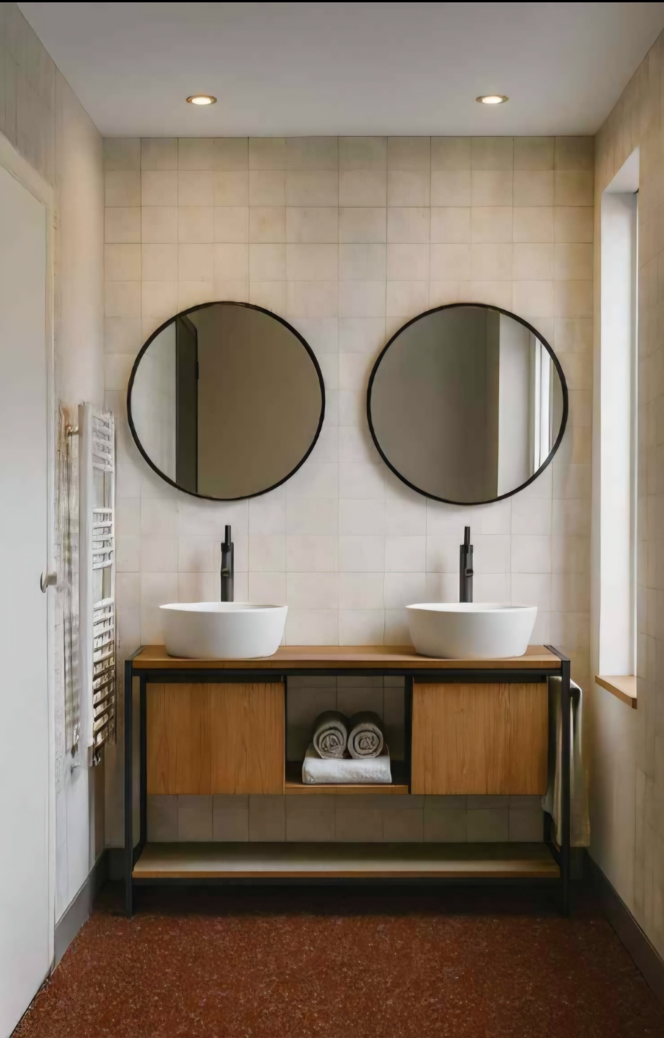 Nowoczesna łazienka z dwoma umywalkami nablatowymi, okrągłymi lustrami w czarnych ramach i drewnianą szafką z ręcznikami. Jasne płytki na ścianach i punktowe oświetlenie.
