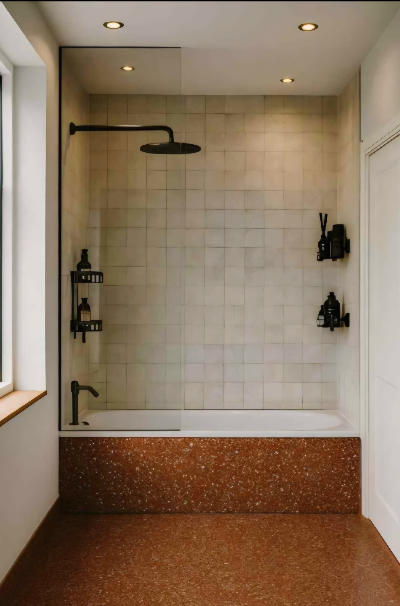 Nowoczesna łazienka z beżowymi płytkami, brązową mozaiką na wannie i podłodze. Czarna armatura, szklany panel prysznicowy i minimalistyczne oświetlenie.