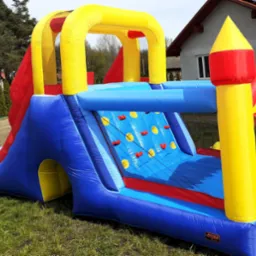 Kolorowy, dmuchany plac zabaw dla dzieci z elementami zjeżdżalni, ścianki wspinaczkowej i małego zamku, ustawiony na trawie przed domem.