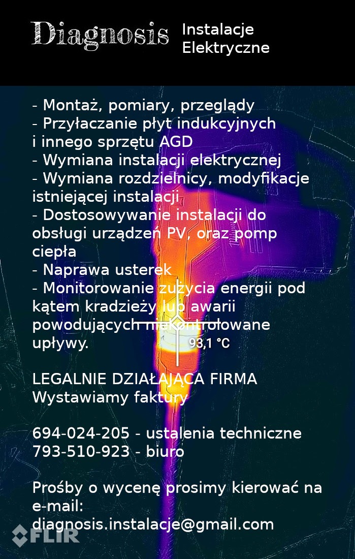 Reklama firmy elektrycznej Diagnosis Instalacje Elektryczne, oferującej montaż, pomiary, przeglądy, przyłączanie płyt indukcyjnych, wymianę instalacji, naprawę usterek i monitorowanie zużycia...