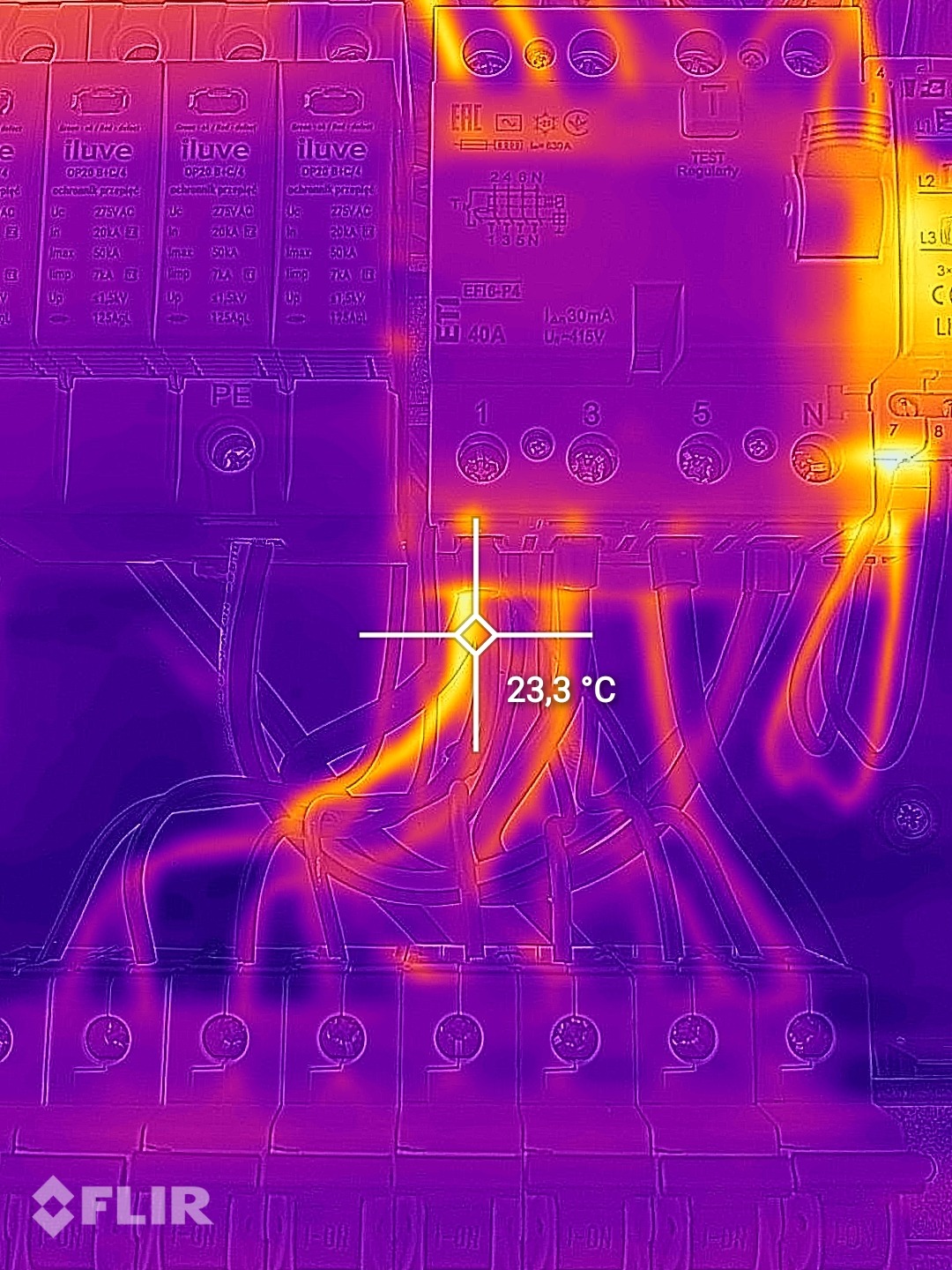 Termowizyjne zdjęcie rozdzielnicy elektrycznej z widocznymi bezpiecznikami i przewodami, wskazujące temperaturę 23.3°C, wykonane kamerą FLIR.