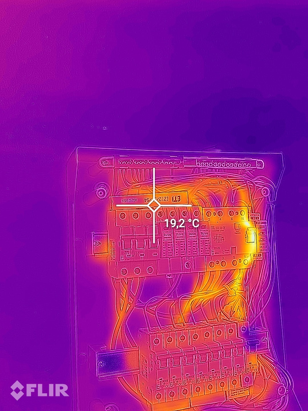 Termowizyjny obraz rozdzielnicy elektrycznej z widocznymi bezpiecznikami i przewodami, wskazujący temperaturę 19.2°C, wykonany kamerą FLIR.
