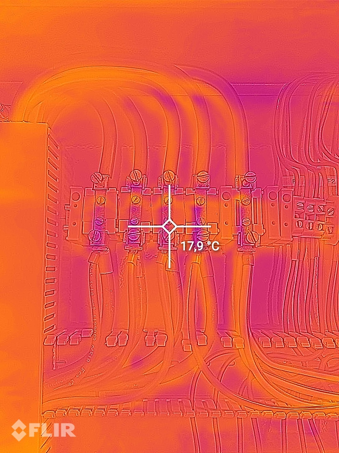 Termowizyjne zdjęcie rozdzielnicy elektrycznej z widocznymi przewodami i ich temperaturą (17,9°C), pokazane w spektrum kolorów od pomarańczowego do fioletowego.