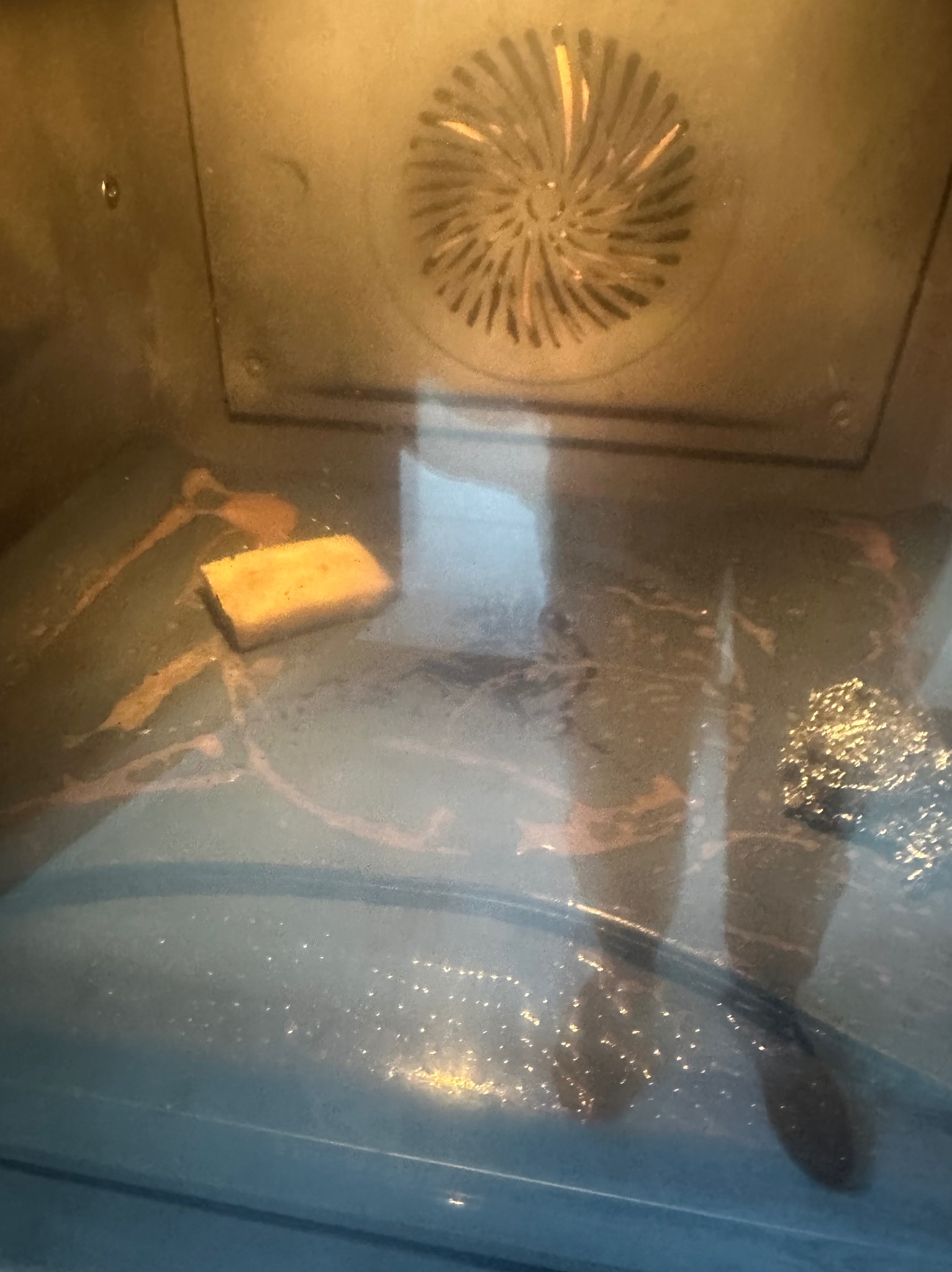 Wnętrze brudnego piekarnika z resztkami jedzenia i gąbką do czyszczenia. Widoczny wentylator i oświetlenie. Potrzeba gruntownego wysprzątania.