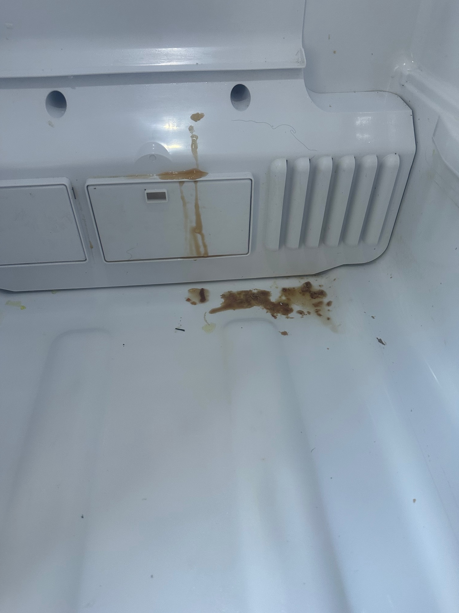 Zabrudzone wnętrze lodówki z plamami i resztkami jedzenia na półce. Widoczne zacieki i zaschnięte plamy. Konieczność gruntownego umycia i dezynfekcji.