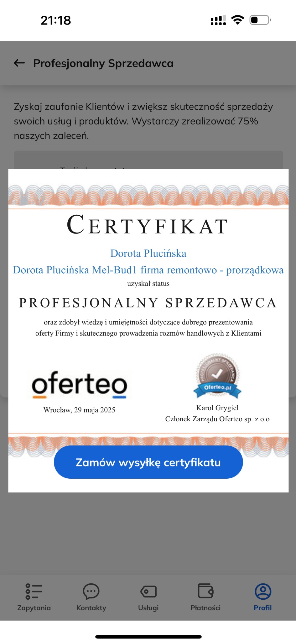 Certyfikat Profesjonalnego Sprzedawcy Oferteo dla Doroty Plucińskiej Mel-Bud1, firmy remontowo-porządkowej, ważny do 29 maja 2025. Logo Oferteo i podpis Karola Grygiela.