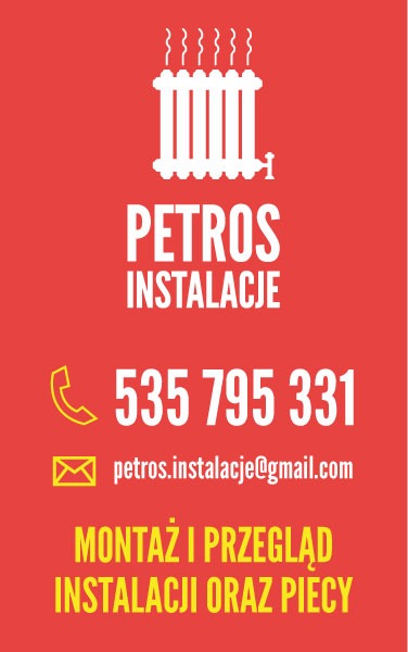 Grafika reklamowa firmy Petros Instalacje z białym logo grzejnika na czerwonym tle, numerem telefonu, adresem email oraz napisem 'Montaż i przegląd instalacji oraz piece'.