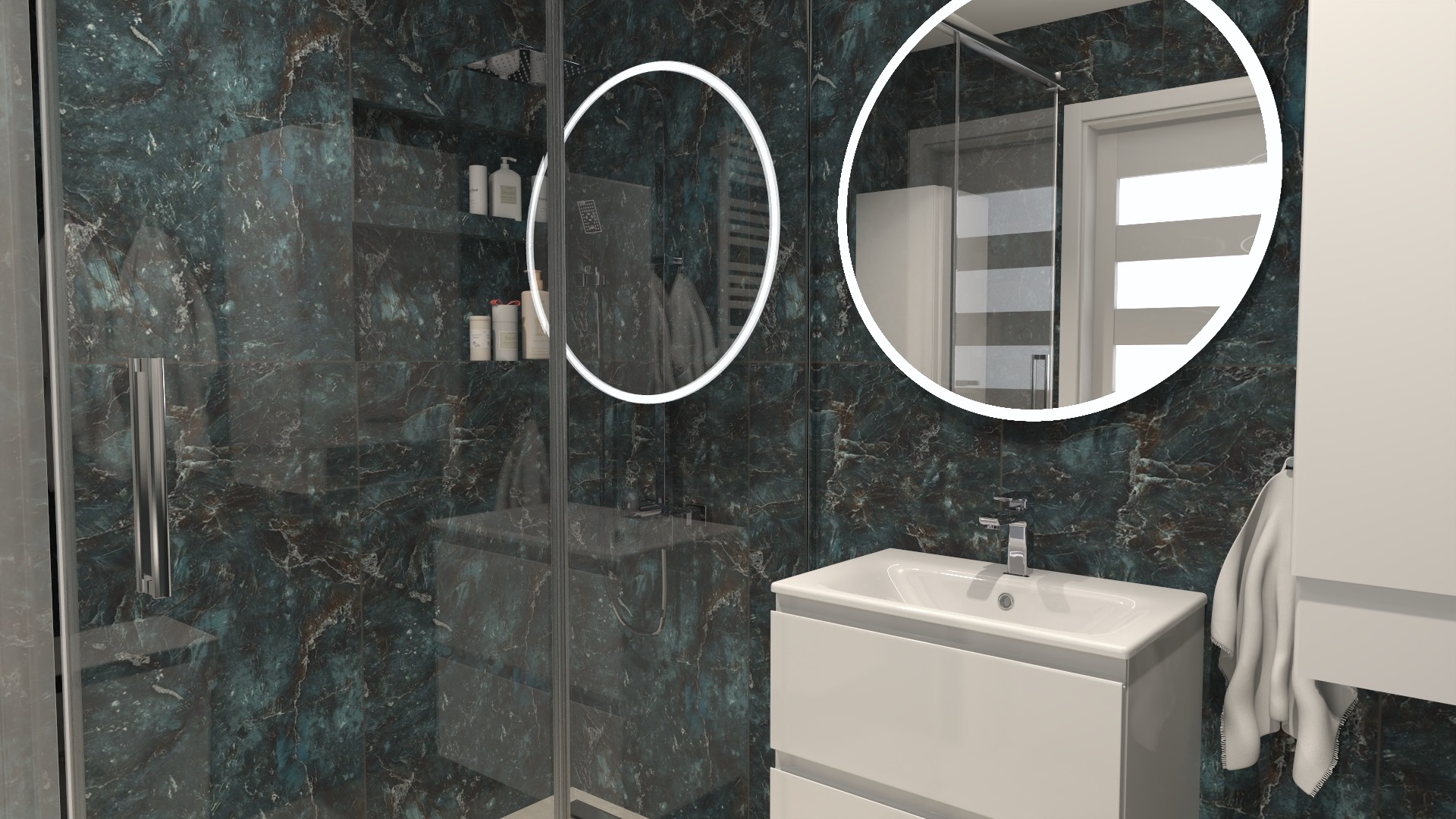 Nowoczesna łazienka z kabiną prysznicową typu walk-in, umywalką z szafką i okrągłym lustrem z podświetleniem LED na ścianie z płytek imitujących marmur.