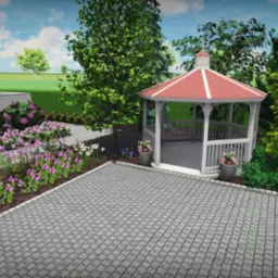 Wizualizacja ogrodu z altaną z czerwonym dachem, rabatami kwiatowymi z różowymi i fioletowymi kwiatami, oraz ścieżką z szarej kostki brukowej.