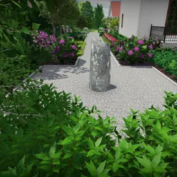 Wizualizacja ogrodu z centralnie umieszczonym monolitem z szarego kamienia na żwirowym podłożu, otoczonego rabatami z kwitnących hortensji i zielenią, z budynkiem w tle.