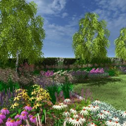 Harmonia Pracownia Projektowania Ogrodów - Bujny ogród z kwitnącymi bylinami w odcieniach fioletu, różu i bieli, z zielonym trawnikiem i drzewami w tle, pod błękitnym niebem z chmurami.