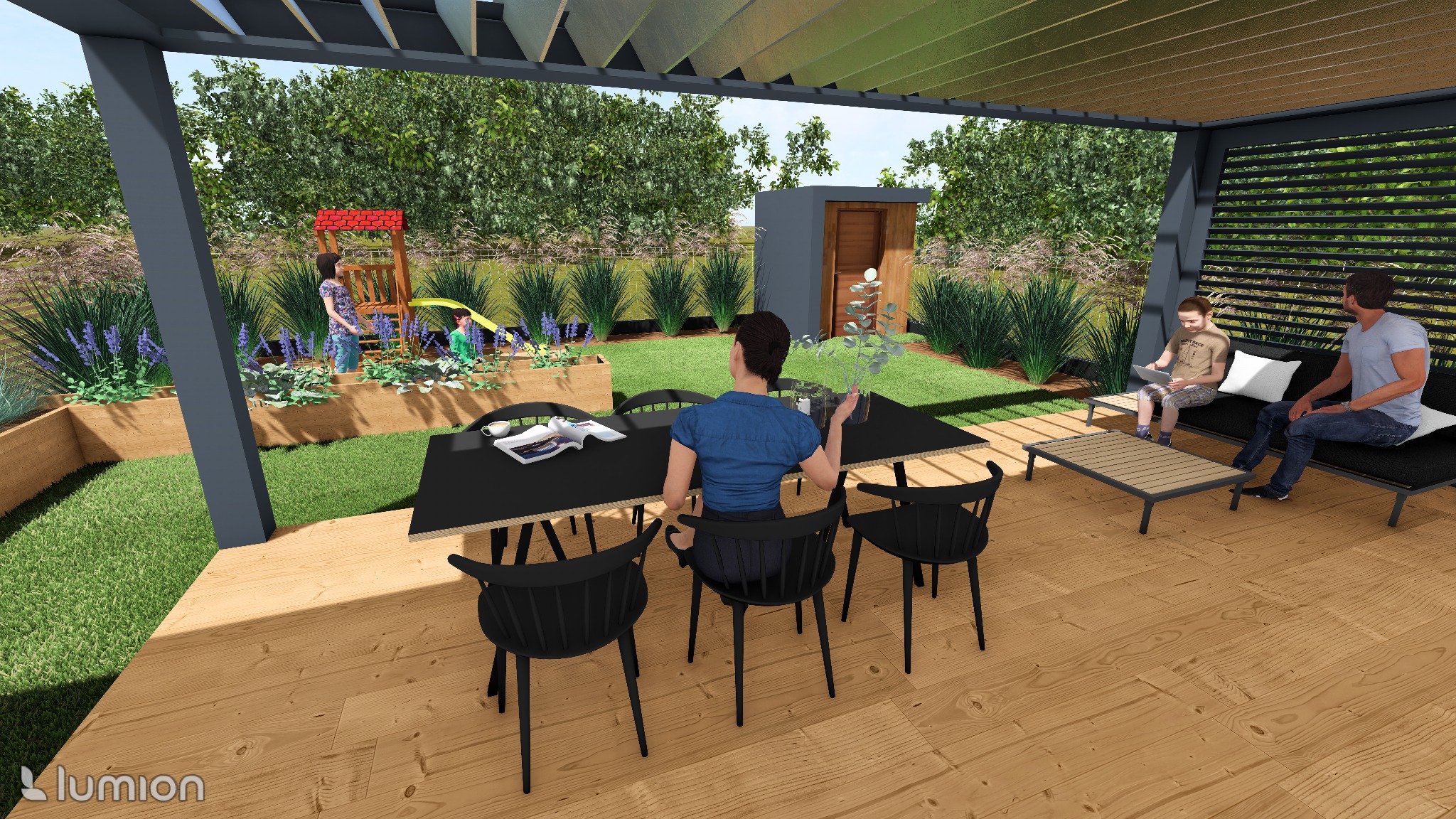 Wizualizacja nowoczesnego ogrodu z drewnianym tarasem, pergolą, czarnymi meblami ogrodowymi, placem zabaw dla dzieci i domkiem narzędziowym w tle.
