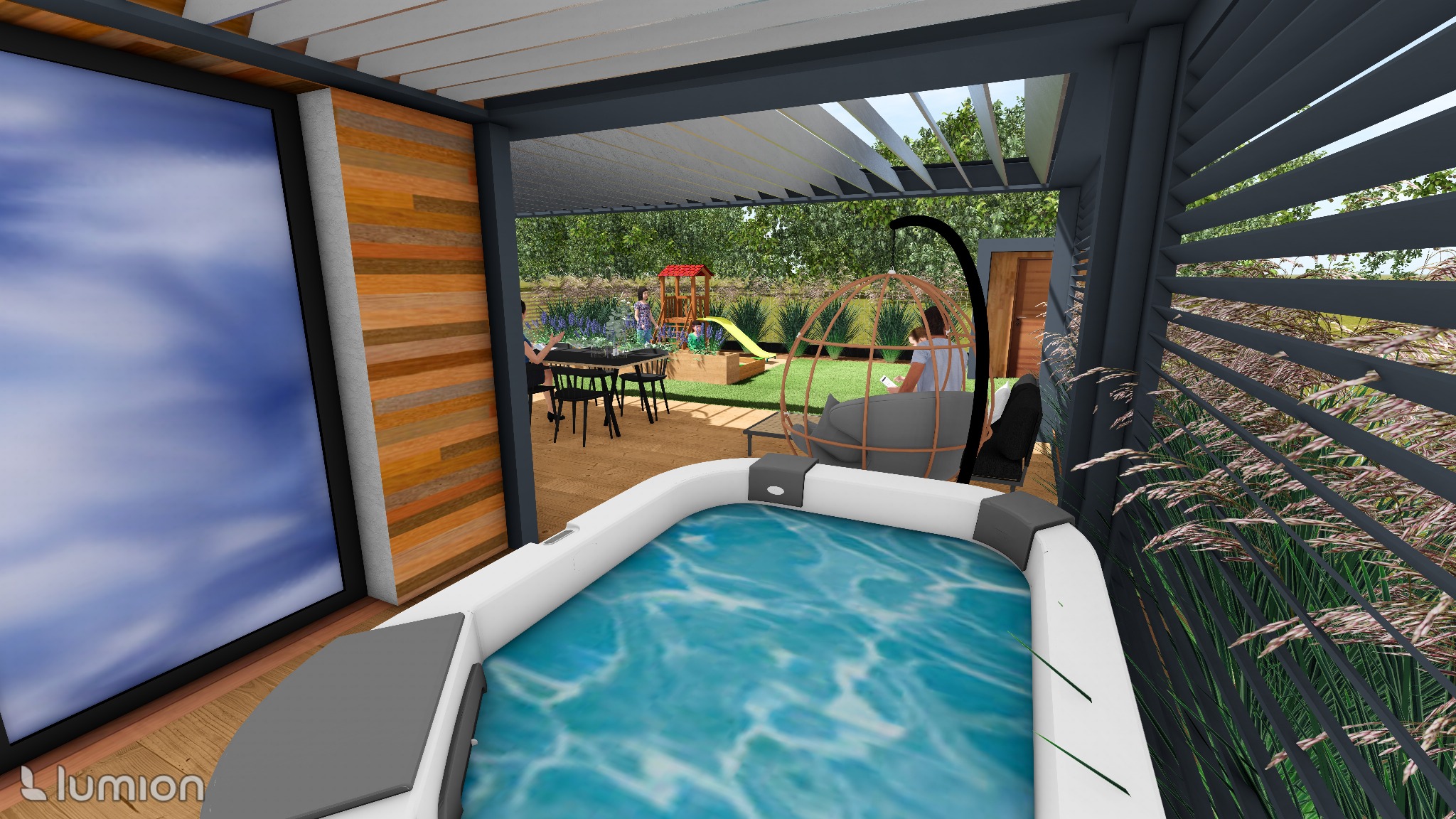 Wizualizacja ogrodu z jacuzzi, pergolą i placem zabaw w tle, widok z perspektywy.