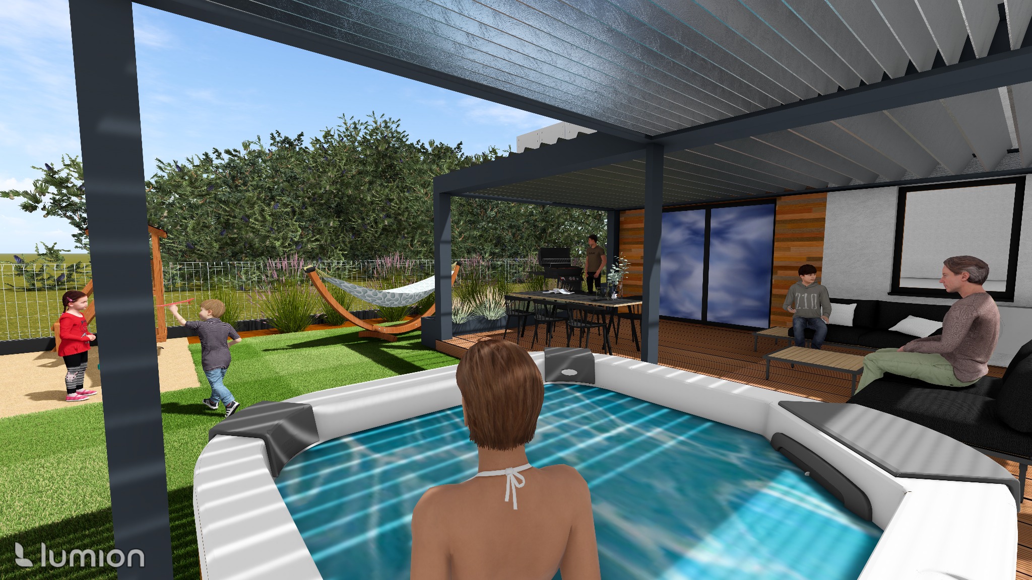 Wizualizacja ogrodu z jacuzzi, hamakiem, miejscem do grillowania pod zadaszeniem i bawiącymi się dziećmi. Widok z perspektywy osoby wchodzącej do jacuzzi.