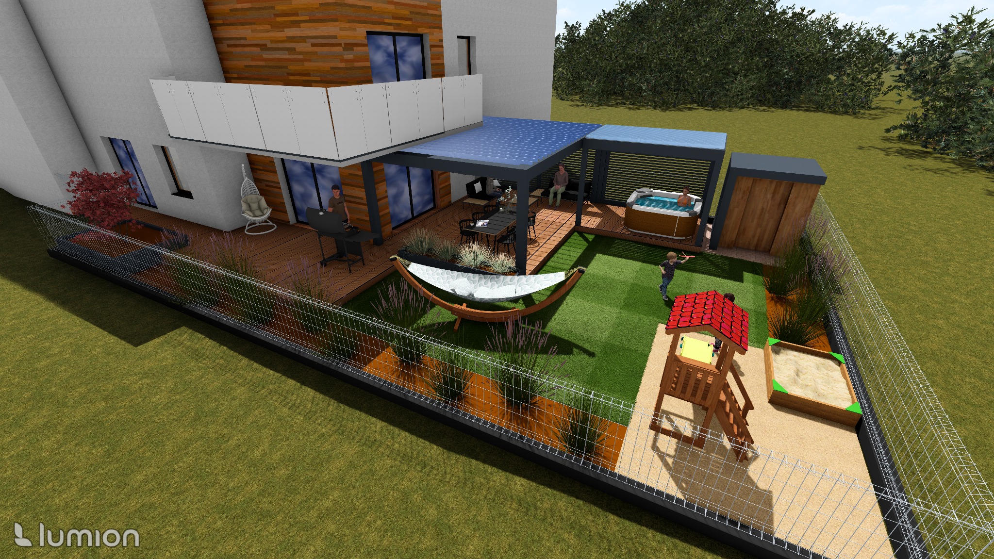 Wizualizacja 3D zagospodarowanego ogrodu przy nowoczesnym domu z drewnianą elewacją, obejmująca taras z grillem, jacuzzi, plac zabaw dla dzieci z piaskownicą i huśtawką, oraz trawnik z hamakiem.