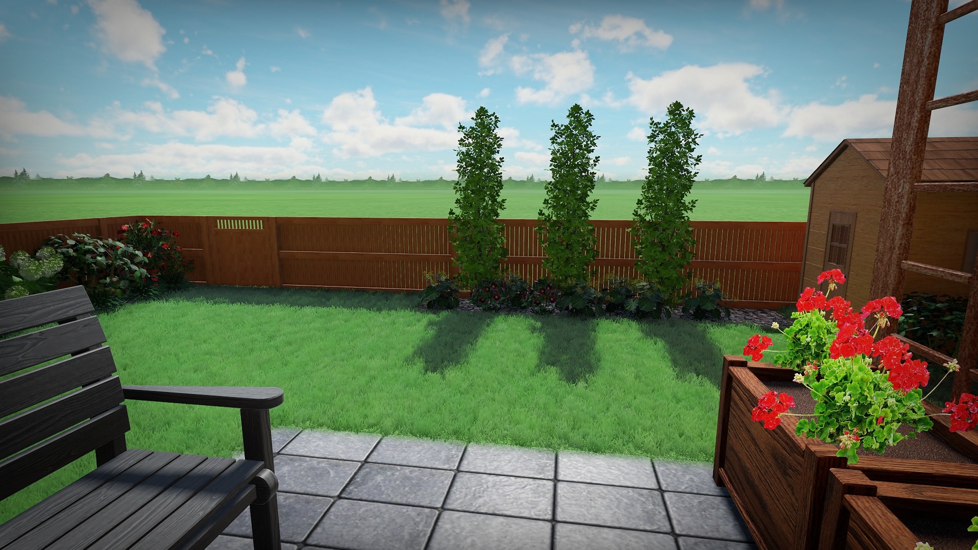 Projekt ogrodu z drewnianym ogrodzeniem, trawnikiem, strzyżonymi drzewami, rabatami kwiatowymi i drewnianą ławką na kamiennym patio.