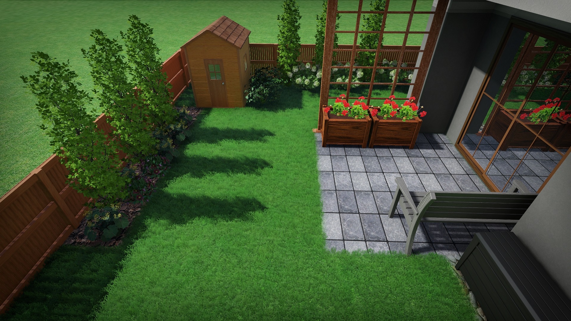 Wizualizacja 3D ogrodu z drewnianą altaną, rabatami kwiatowymi w drewnianych skrzyniach, ścieżką z trawy i tarasem z szarych płyt.