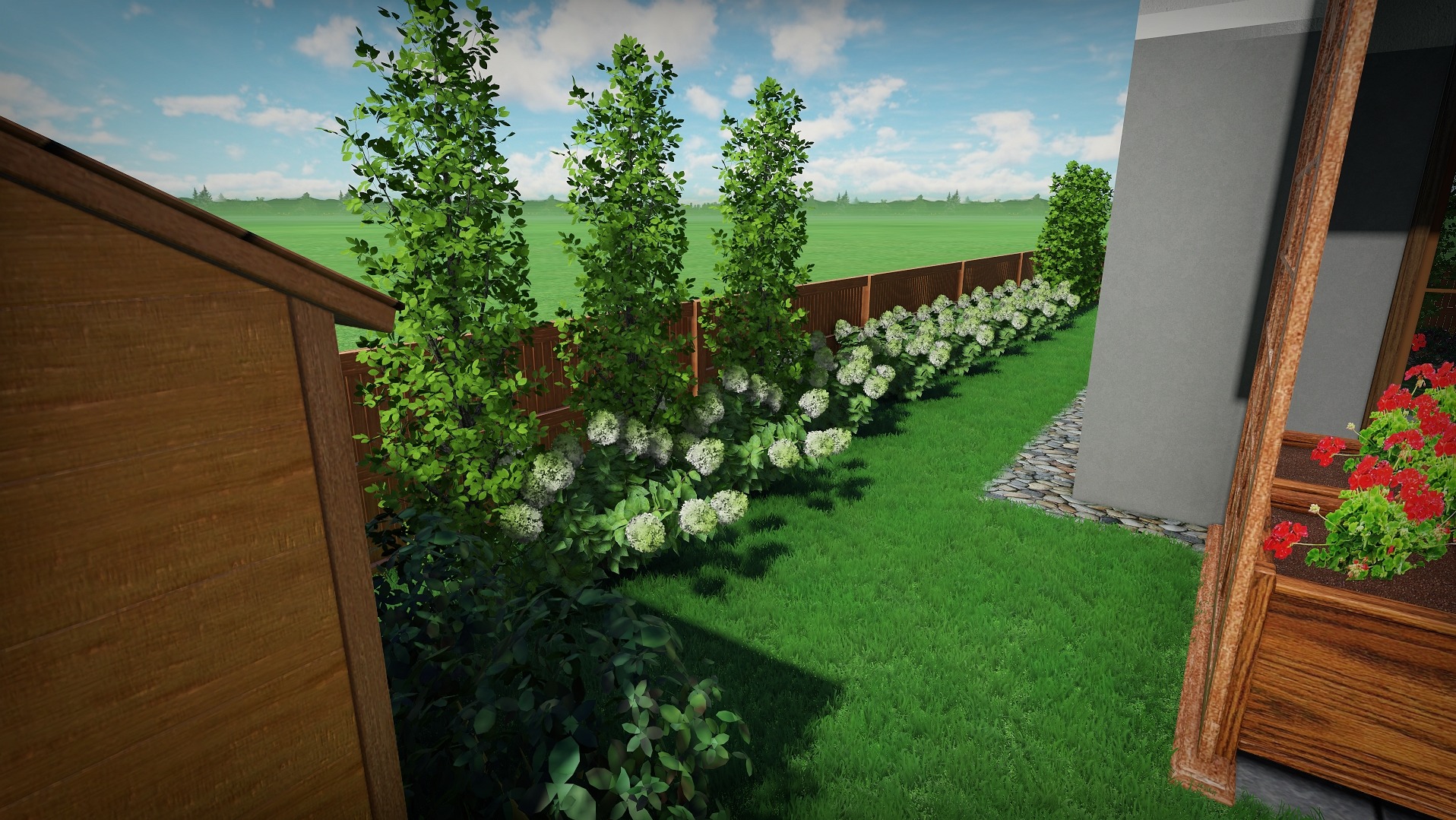 Wizualizacja ogrodu z trawnikiem, rabatami hortensji wzdłuż drewnianego płotu i strzyżonymi drzewami liściastymi, widok zza drewnianej konstrukcji.