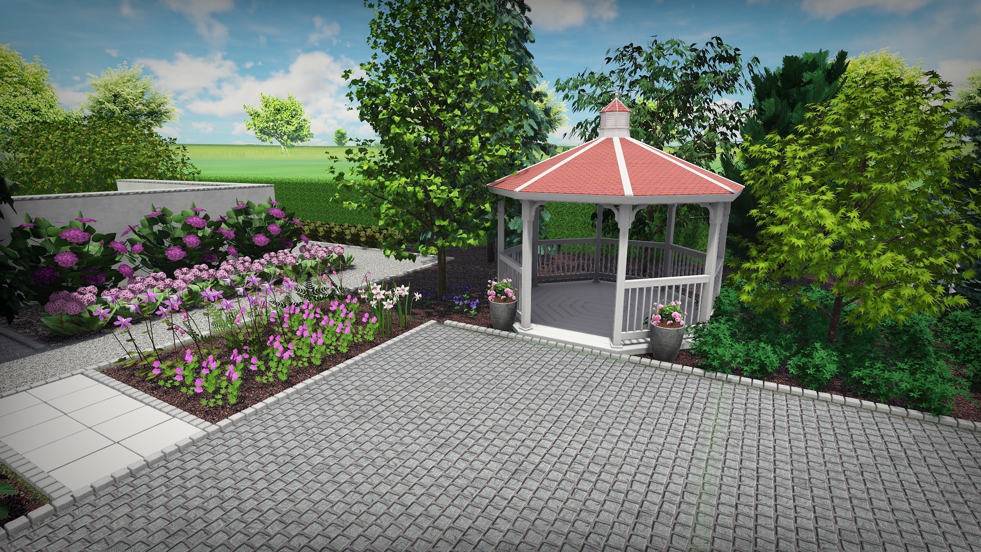 Wizualizacja ogrodu z altaną z czerwonym dachem, rabatami kwiatowymi z różowymi i fioletowymi kwiatami, oraz ścieżką z szarej kostki brukowej.