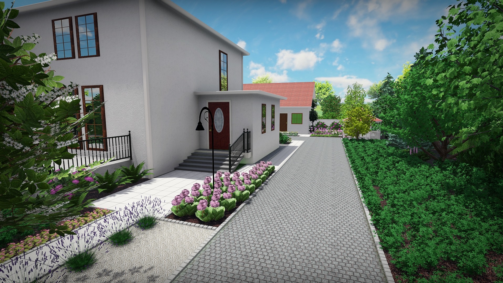 Wizualizacja 3D zagospodarowania terenu przed domem z brukowanym podjazdem, rabatami kwiatowymi z lawendą i rozchodnikiem okazałym, oraz trawnikiem w tle.
